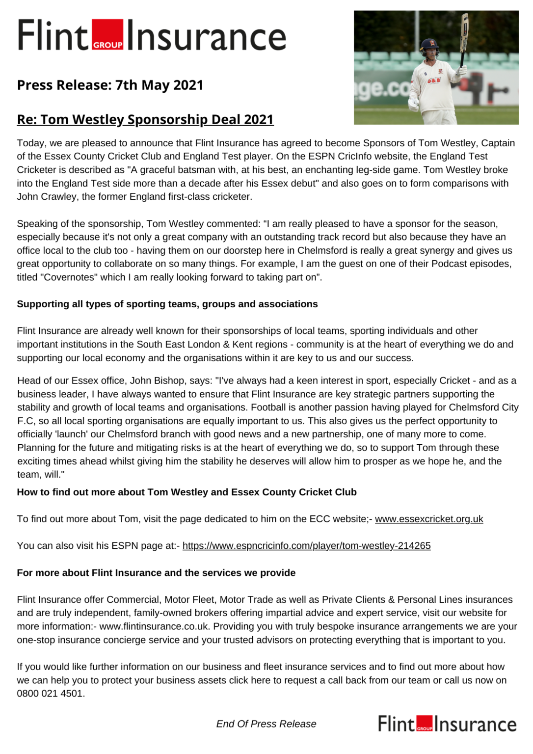 Press Release: Tom Westley Sponsorship - Flint Insurance